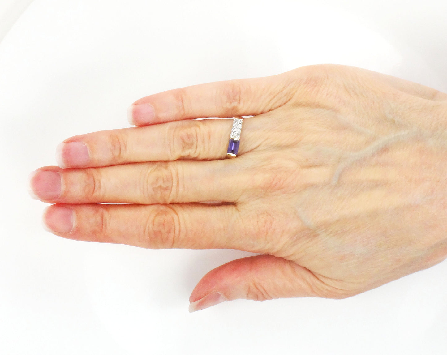 Vintage 14k Yellow Gold Rectangle Cut Purple Sapphire and Diamond Ring - Circa 1970's Size 5.25