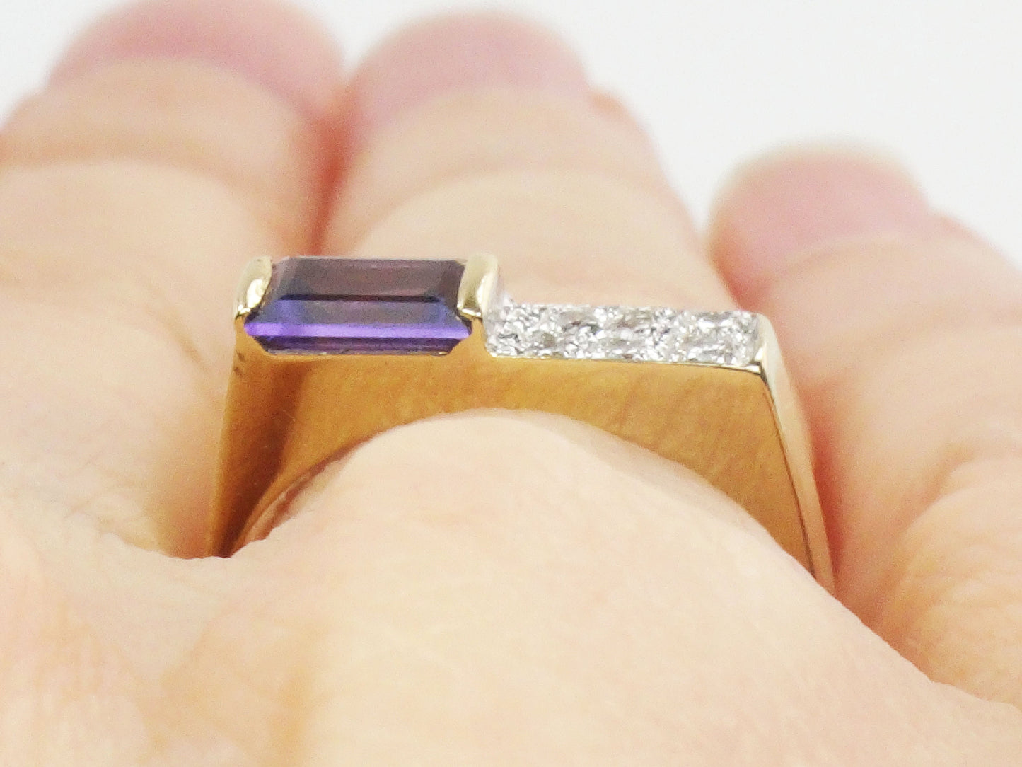Vintage 14k Yellow Gold Rectangle Cut Purple Sapphire and Diamond Ring - Circa 1970's Size 5.25