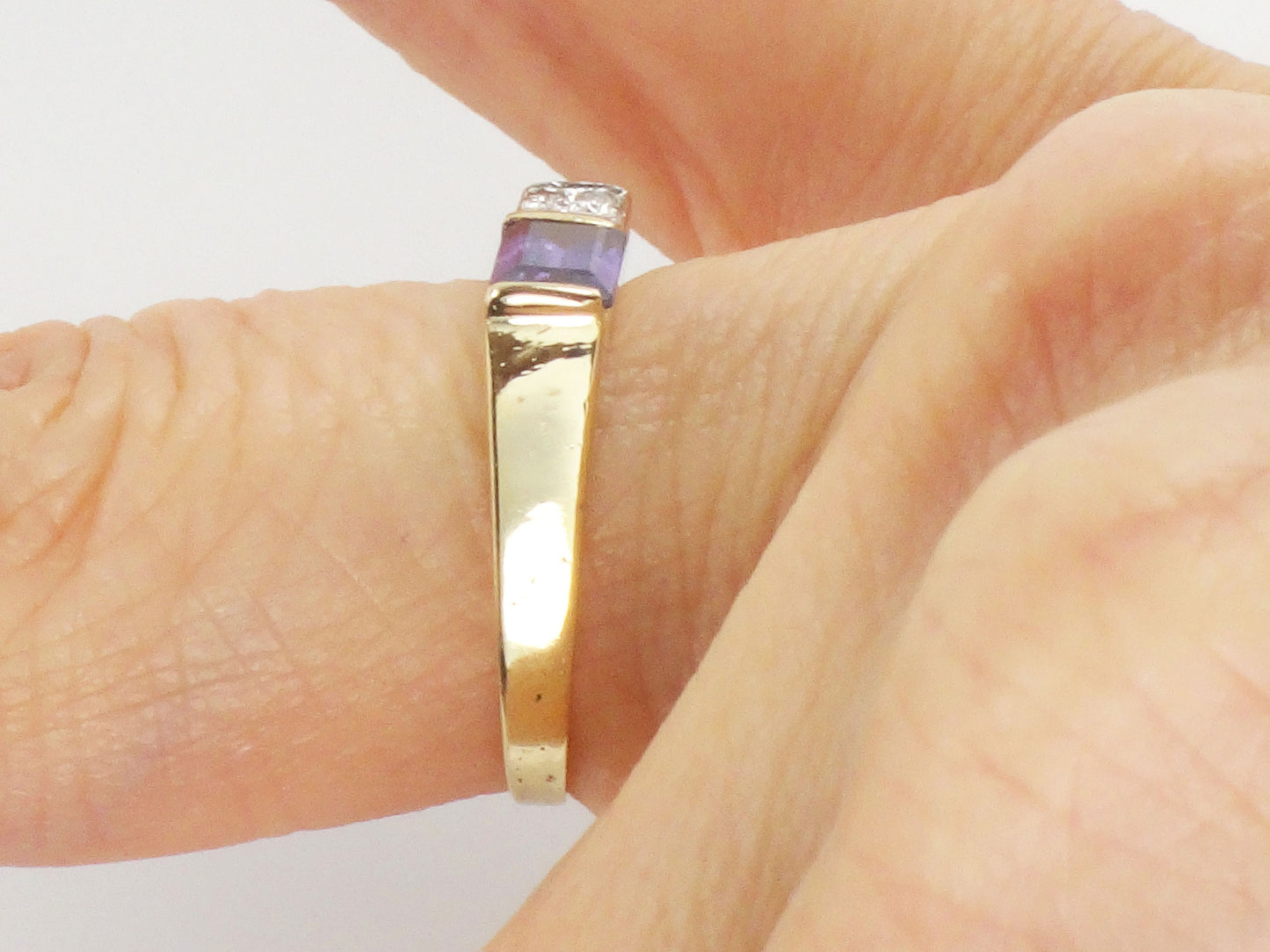 Vintage 14k Yellow Gold Rectangle Cut Purple Sapphire and Diamond Ring - Circa 1970's Size 5.25