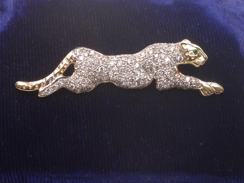 Vintage Large 14k Gold Pave Natural Diamond Cheetah Panther Slide Pendant