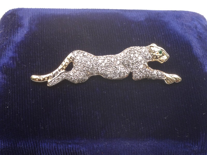 Vintage Large 14k Gold Pave Natural Diamond Cheetah Panther Slide Pendant