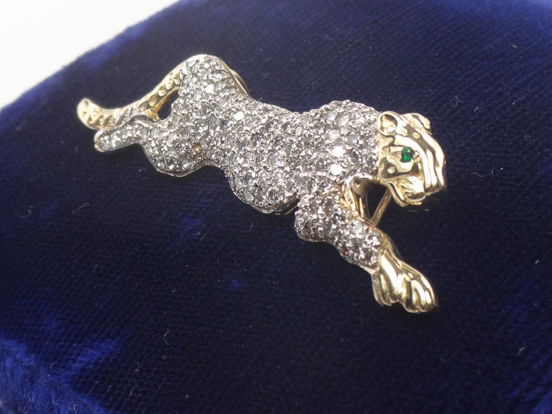 Vintage Large 14k Gold Pave Natural Diamond Cheetah Panther Slide Pendant