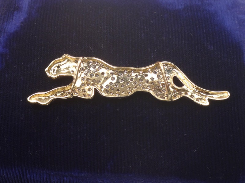 Vintage Large 14k Gold Pave Natural Diamond Cheetah Panther Slide Pendant