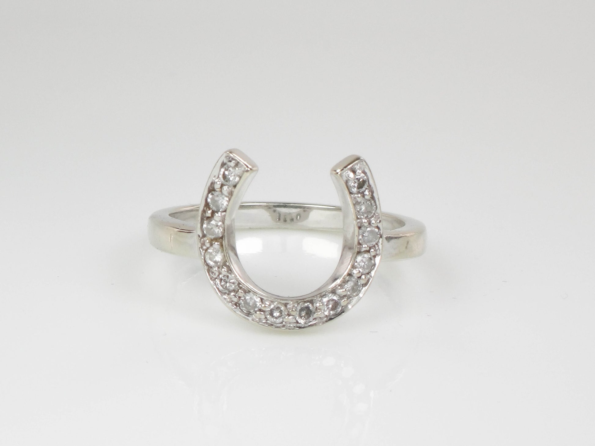 Vintage 14k White Gold Natural Diamond Horseshoe Ring, Good Luck Ring Size 6.5
