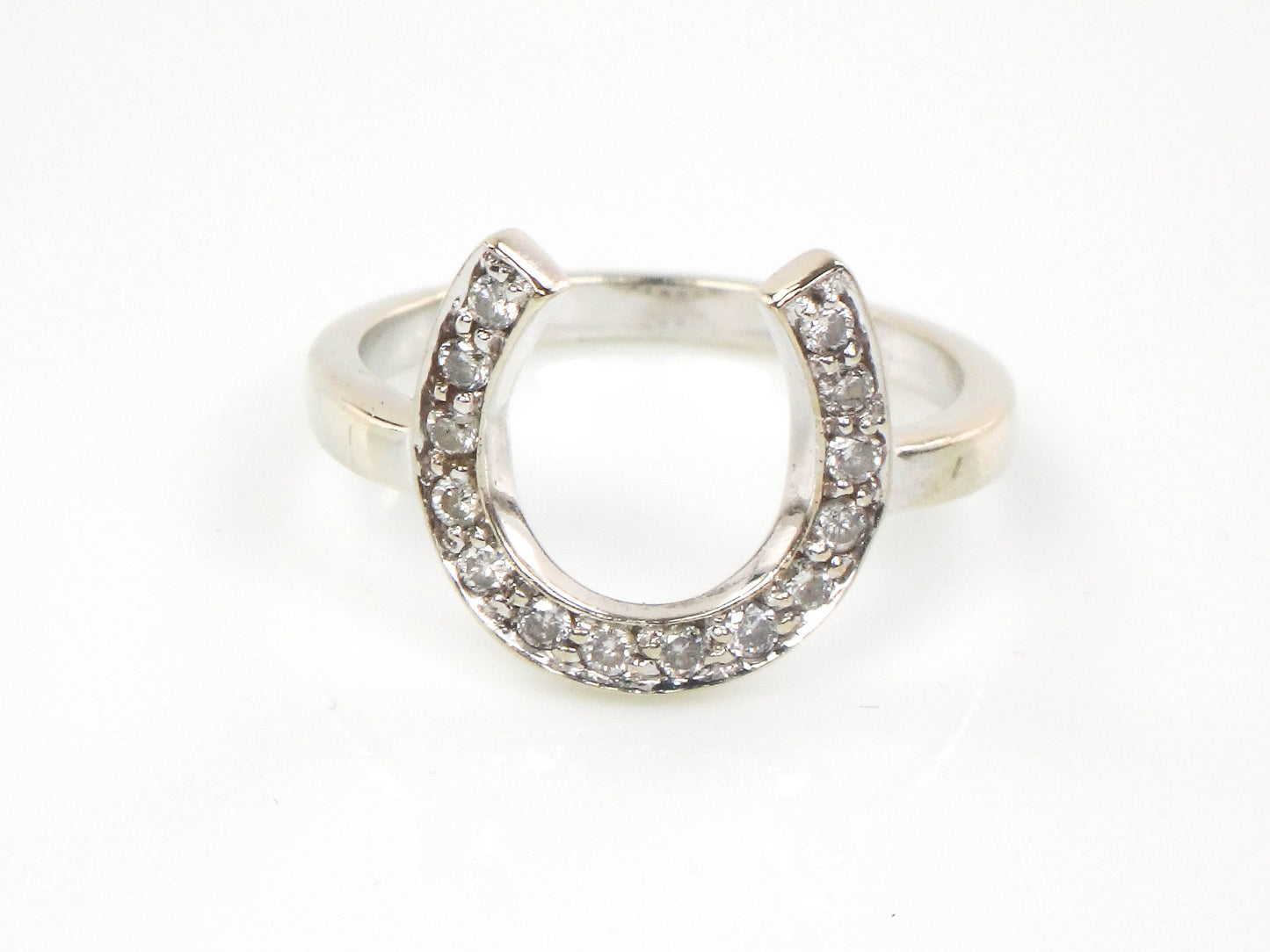 Vintage 14k White Gold Natural Diamond Horseshoe Ring, Good Luck Ring Size 6.5