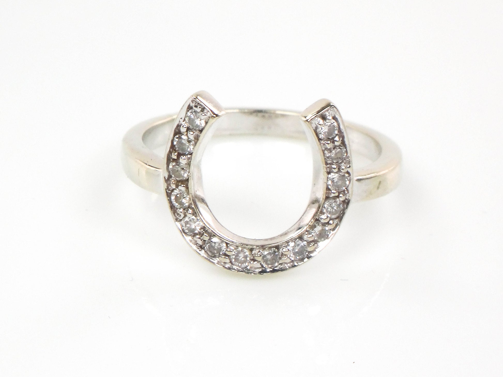 Vintage 14k White Gold Natural Diamond Horseshoe Ring, Good Luck Ring Size 6.5