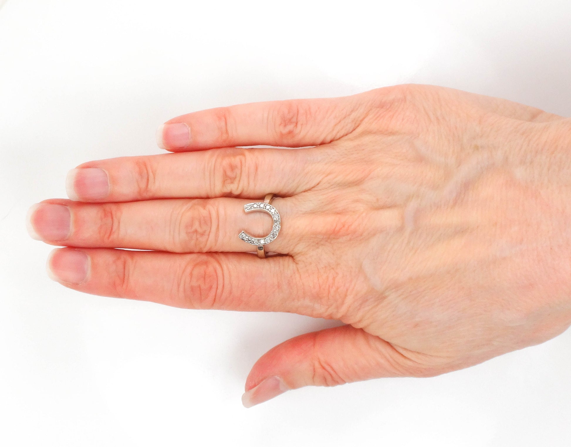 Vintage 14k White Gold Natural Diamond Horseshoe Ring, Good Luck Ring Size 6.5