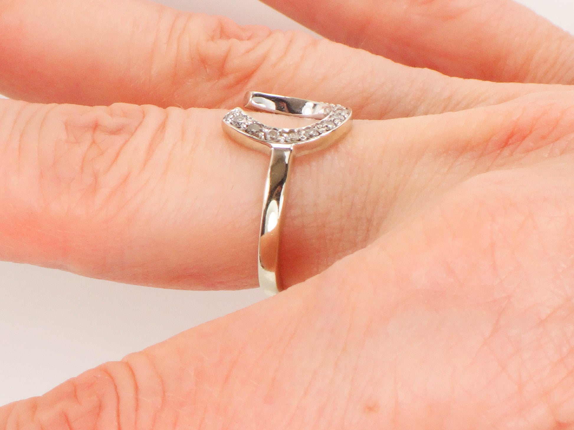 Vintage 14k White Gold Natural Diamond Horseshoe Ring, Good Luck Ring Size 6.5