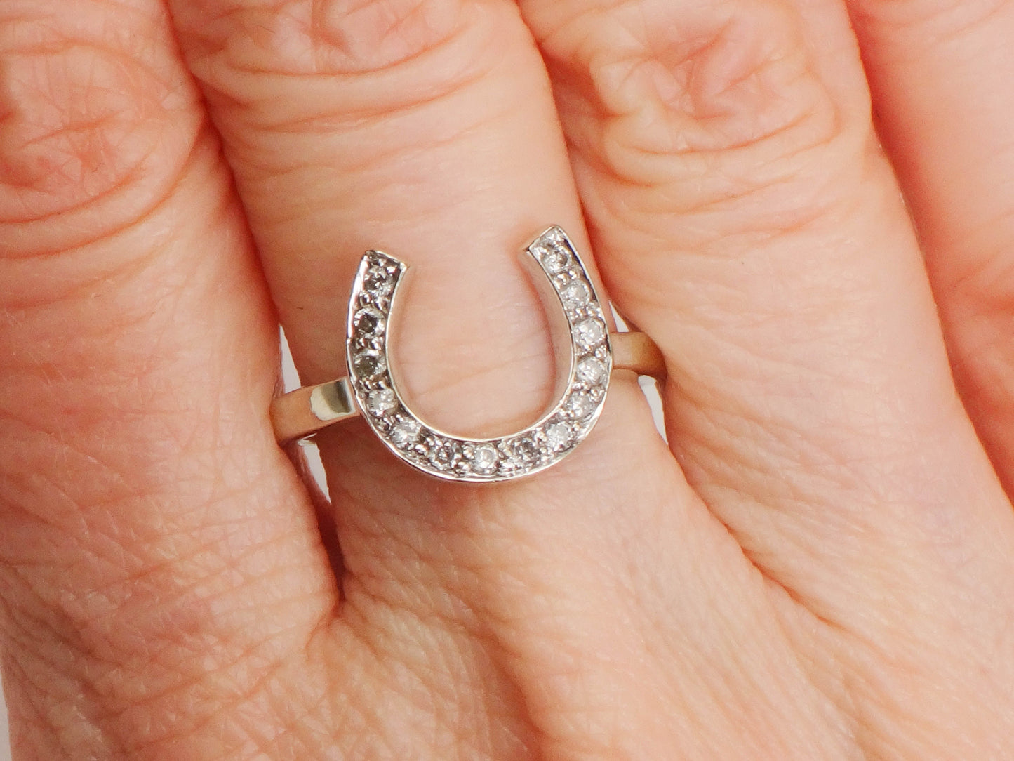 Vintage 14k White Gold Natural Diamond Horseshoe Ring, Good Luck Ring Size 6.5