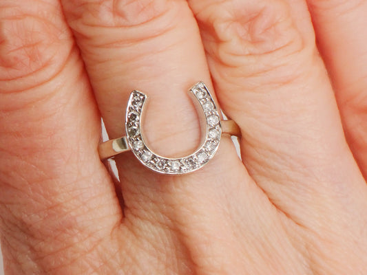 Vintage 14k White Gold Natural Diamond Horseshoe Ring, Good Luck Ring Size 6.5