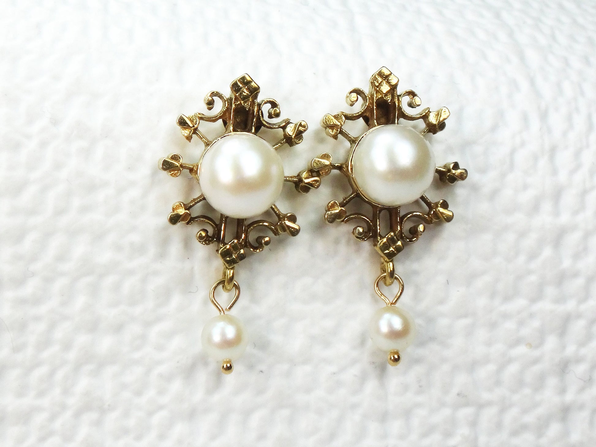 Cultured Pearl Dangle Earrings - 14k Yellow Gold Fine Bridal Jewelry - Vintage Circa 1940's