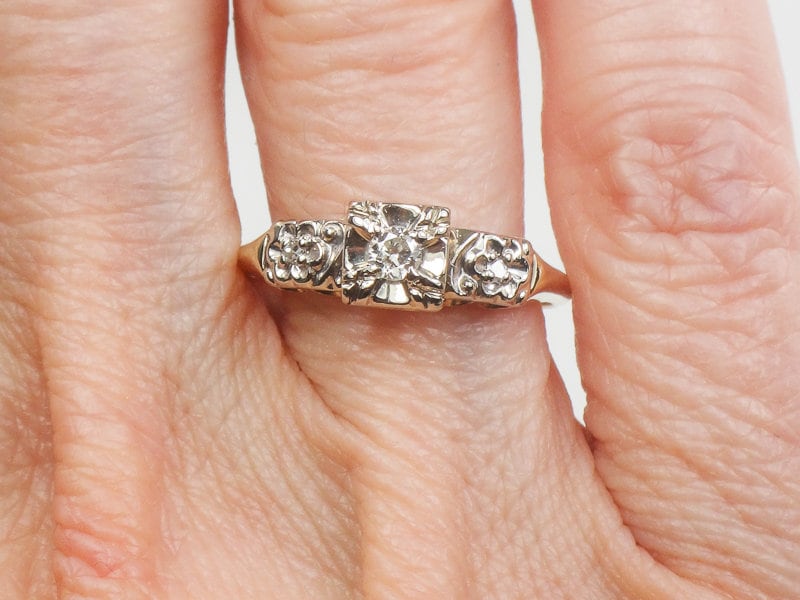 Vintage 14k Two Tone Gold Diamond Orange Blossom Engagement Ring Size 6.5