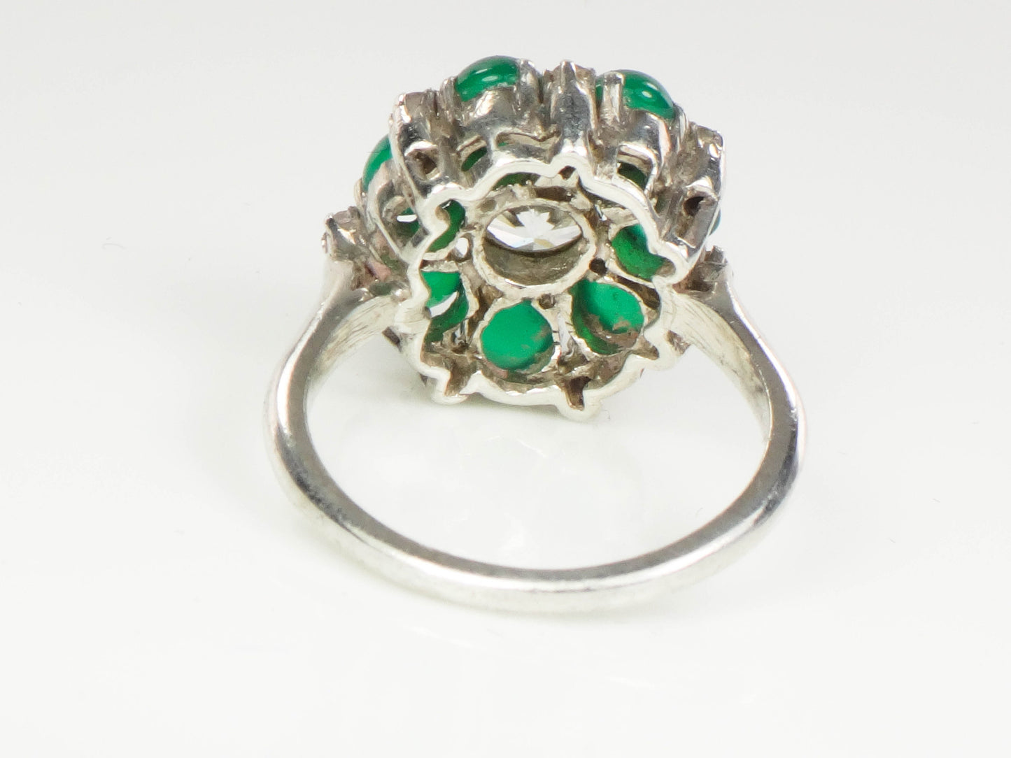 Vintage Sterling Silver Green Glass Ring: White Sapphire Center, Size 6.75