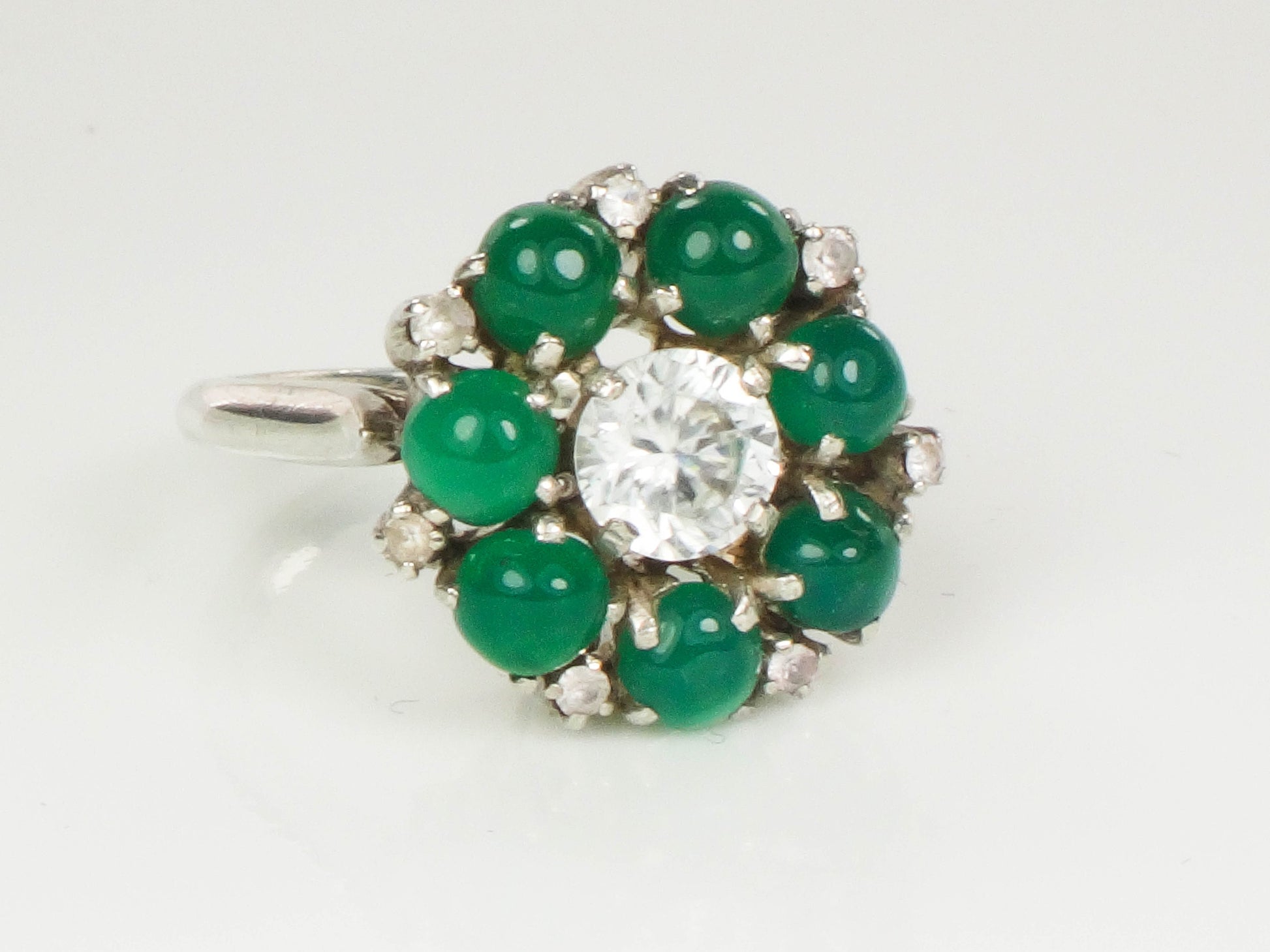 Vintage Sterling Silver Green Glass Ring: White Sapphire Center, Size 6.75