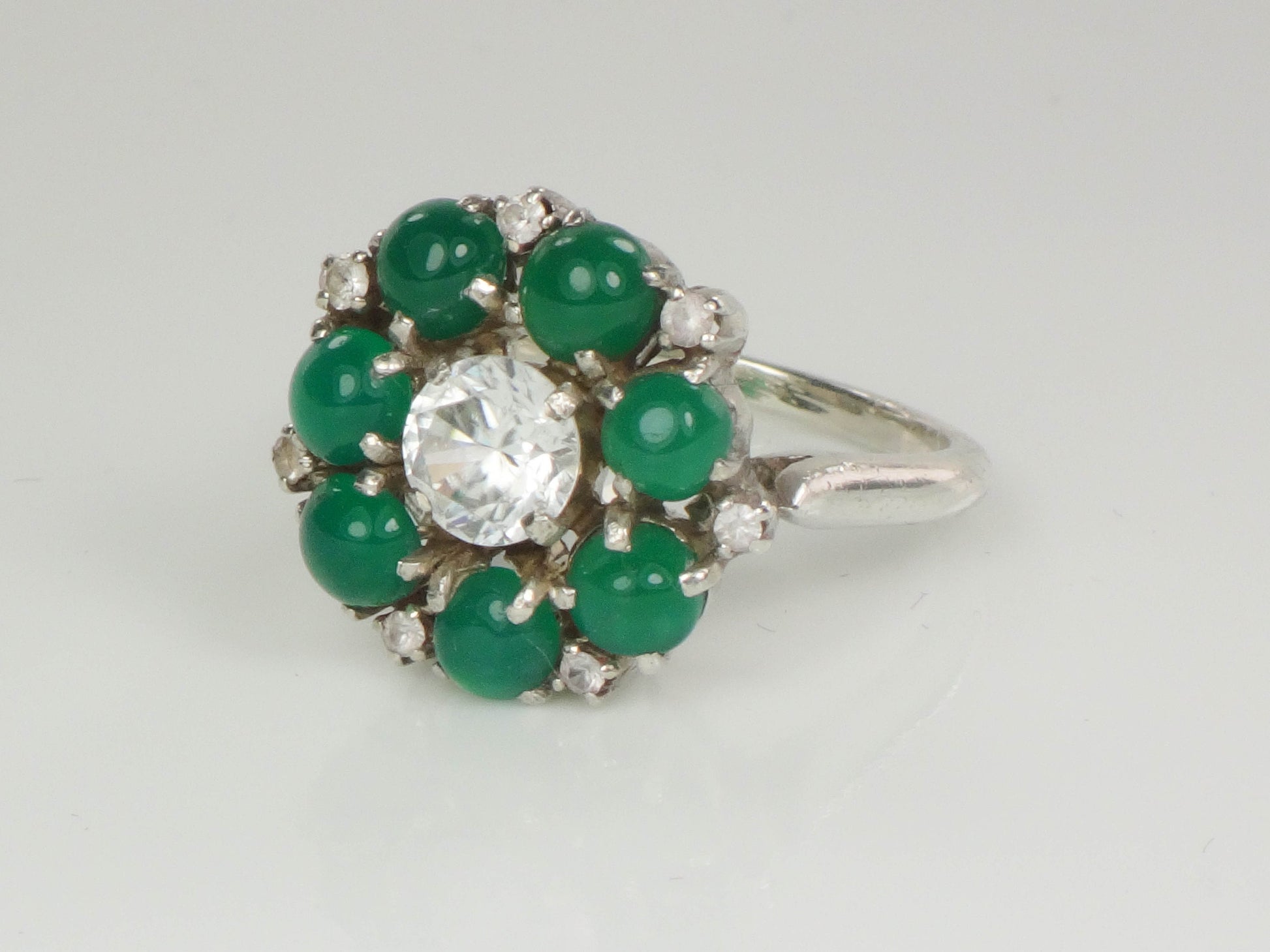 Vintage Sterling Silver Green Glass Ring: White Sapphire Center, Size 6.75