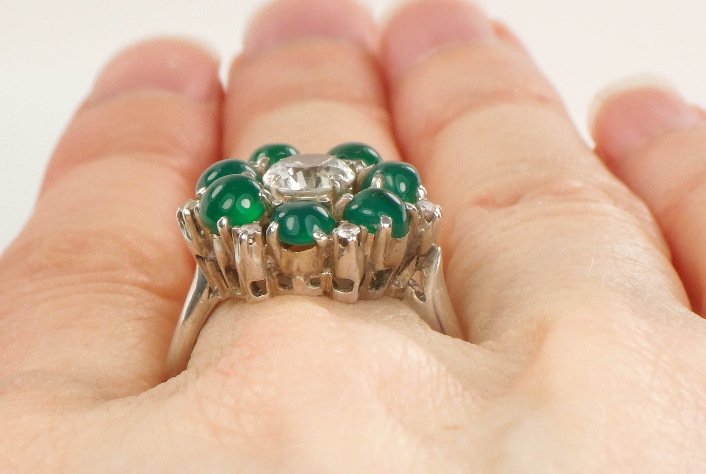 Vintage Sterling Silver Deep Green Glass and White Sapphire Ring, Imitation Emerald and Diamond Dinner Ring Size 6.75