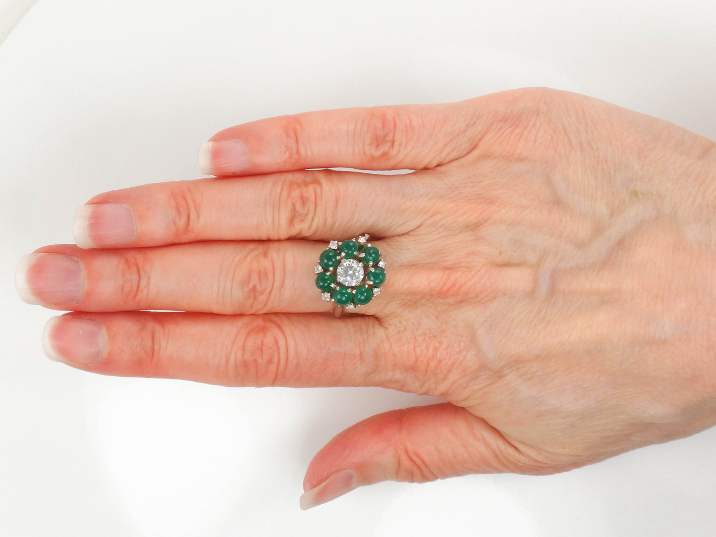 Vintage Sterling Silver Green Glass Ring: White Sapphire Center, Size 6.75