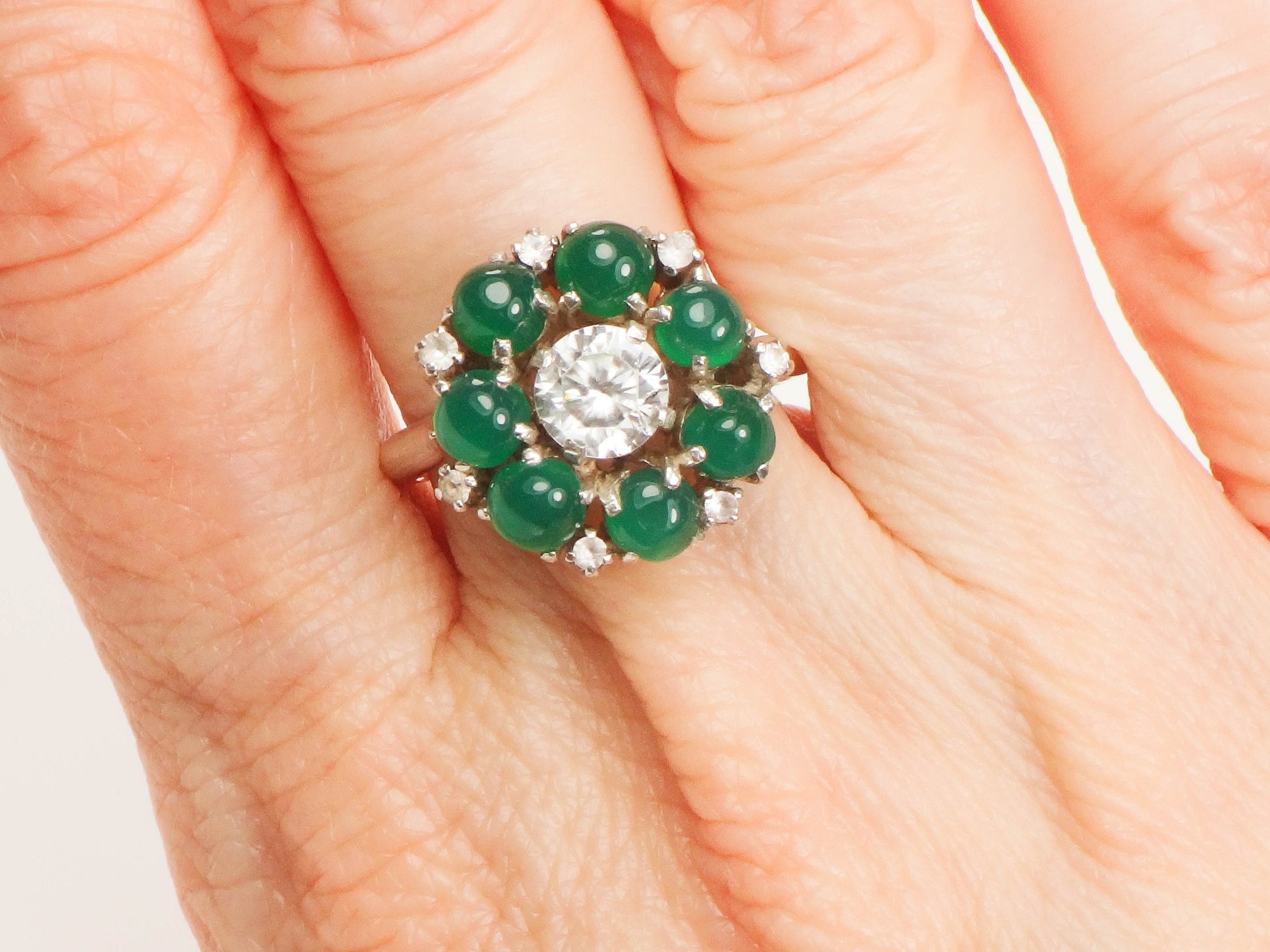 Vintage Sterling Silver Green Glass Ring: White Sapphire Center, Size 6.75