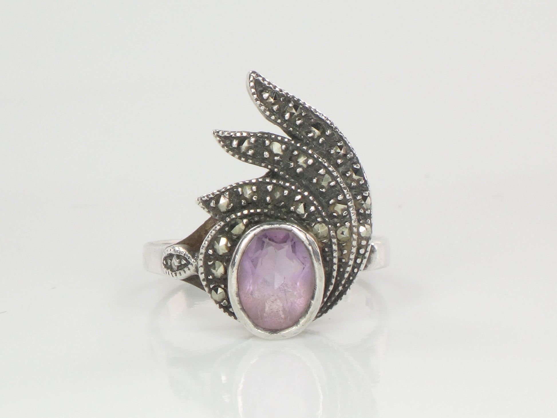 Vintage Sterling Silver Amethyst and Marcasite Ring, Purple February Birthstone Ring, Size 6.75