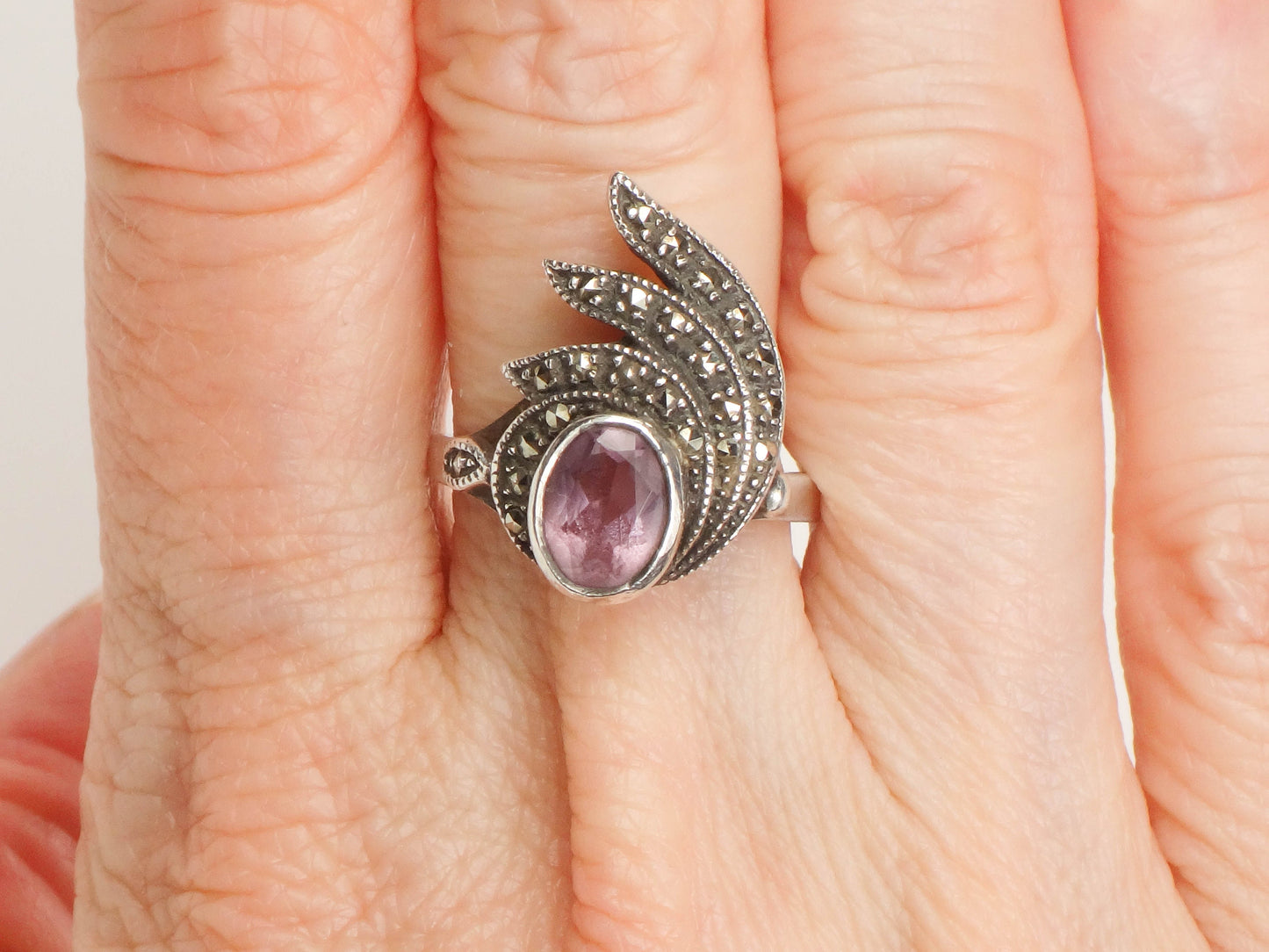 Vintage Sterling Silver Amethyst and Marcasite Ring, Purple February Birthstone Ring, Size 6.75