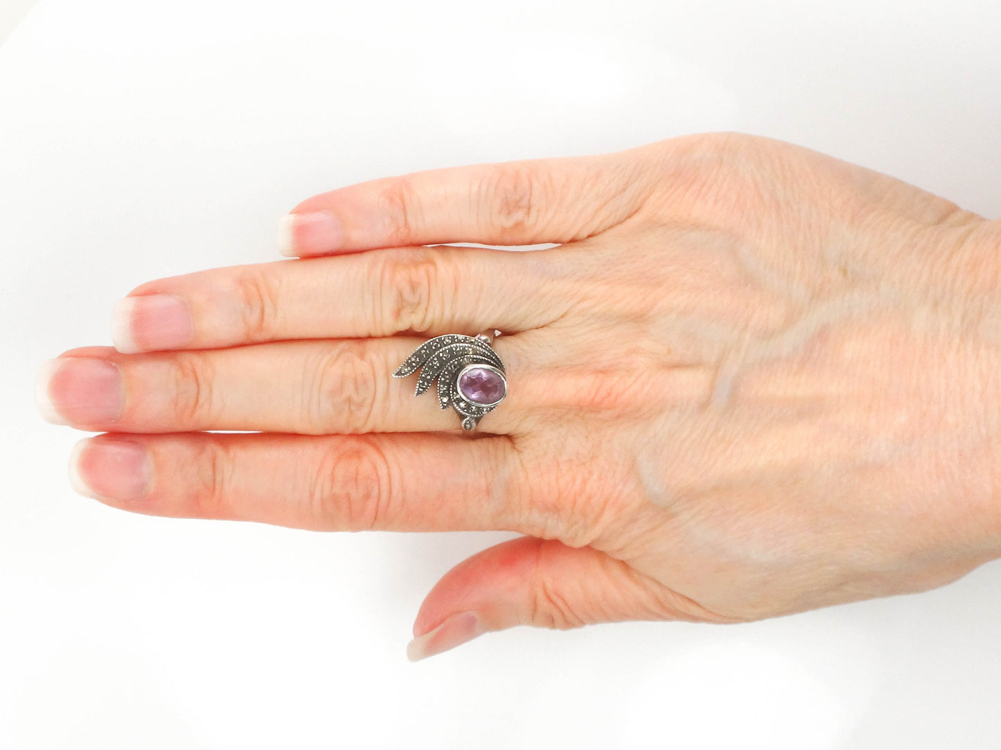 Vintage Sterling Silver Amethyst and Marcasite Ring, Purple February Birthstone Ring, Size 6.75