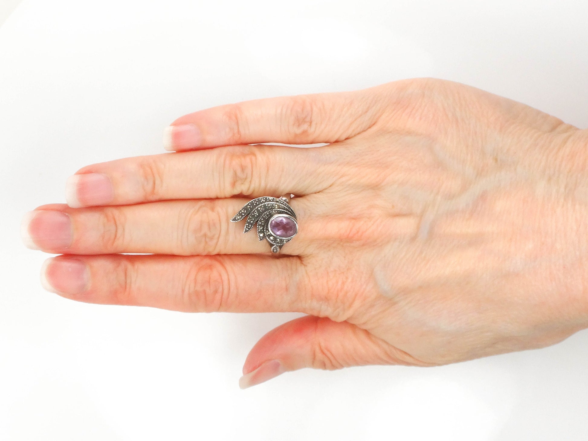 Vintage Sterling Silver Amethyst and Marcasite Ring, Purple February Birthstone Ring, Size 6.75