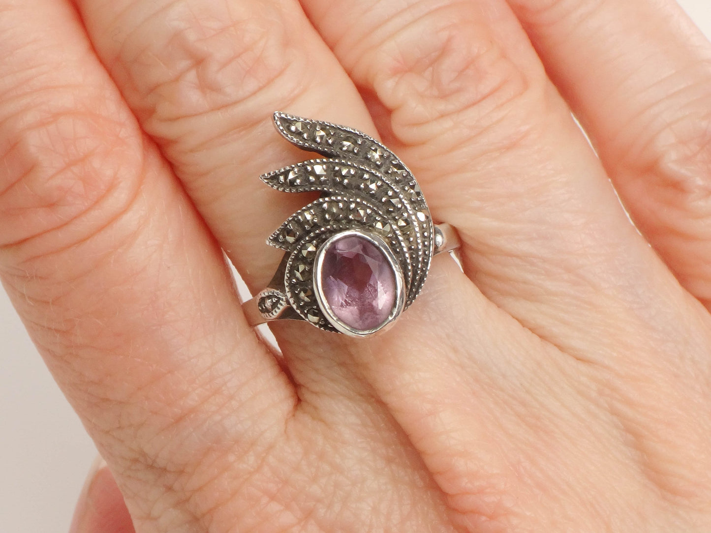 Vintage Sterling Silver Amethyst and Marcasite Ring, Purple February Birthstone Ring, Size 6.75