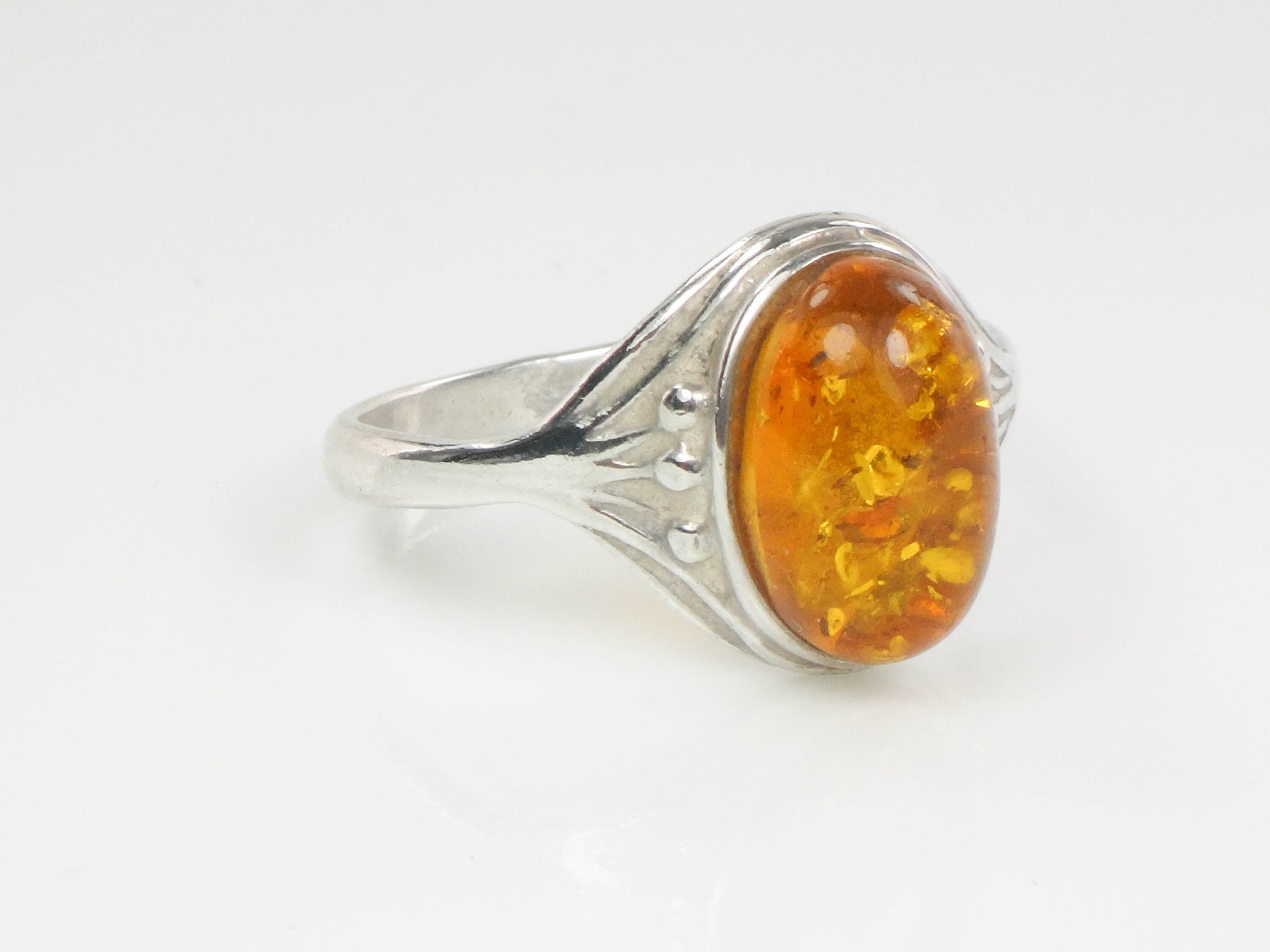 Vintage Sterling Silver Amber Ring: Art Nouveau Style, Size 8.5