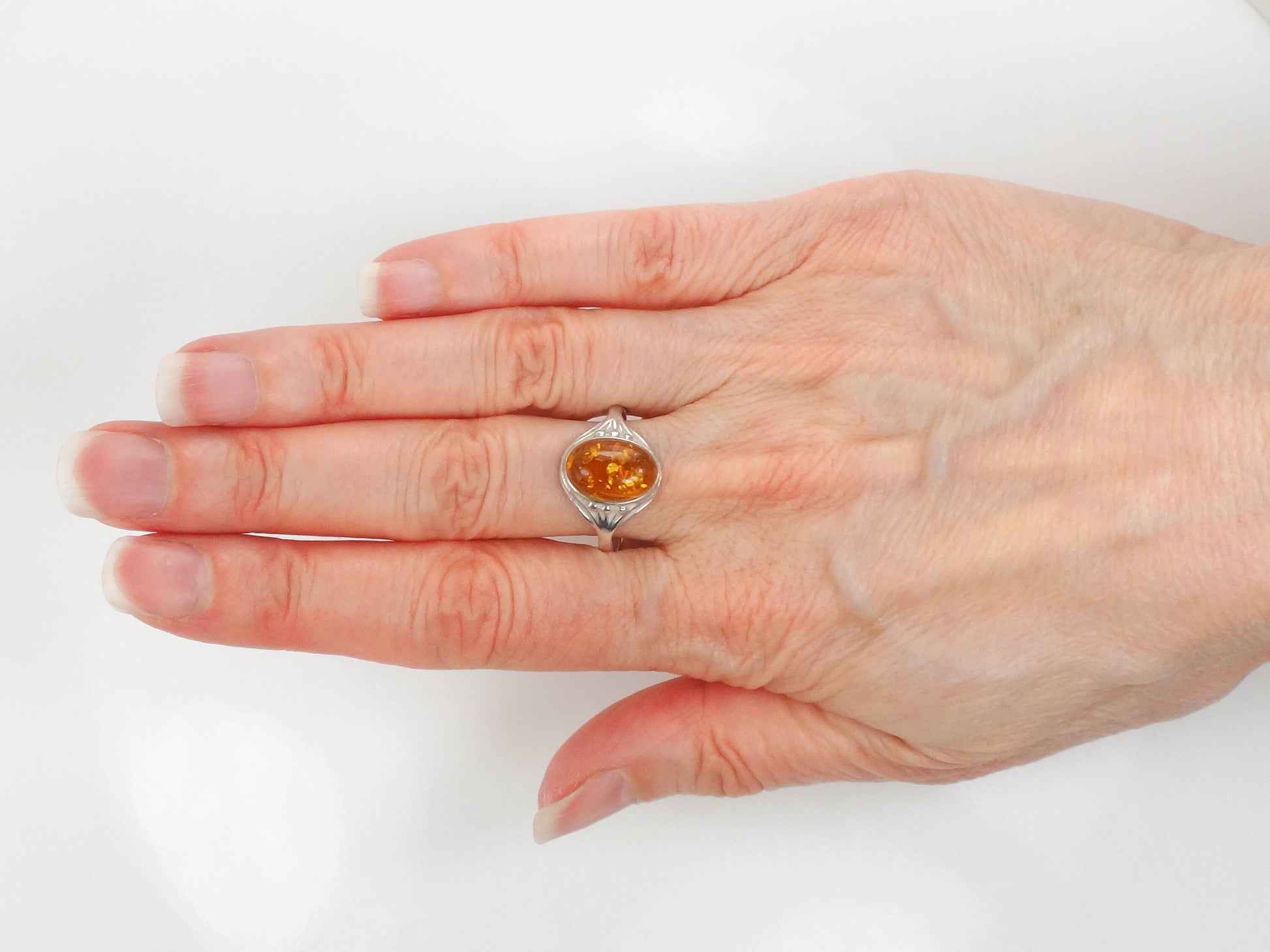 Vintage Sterling Silver Amber Ring: Art Nouveau Style, Size 8.5