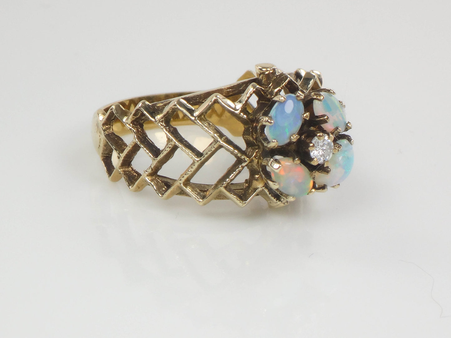 Vintage 14k Yellow Gold Natural Opals and Diamond Flower Ring, October Birthstone Ring, Size 7