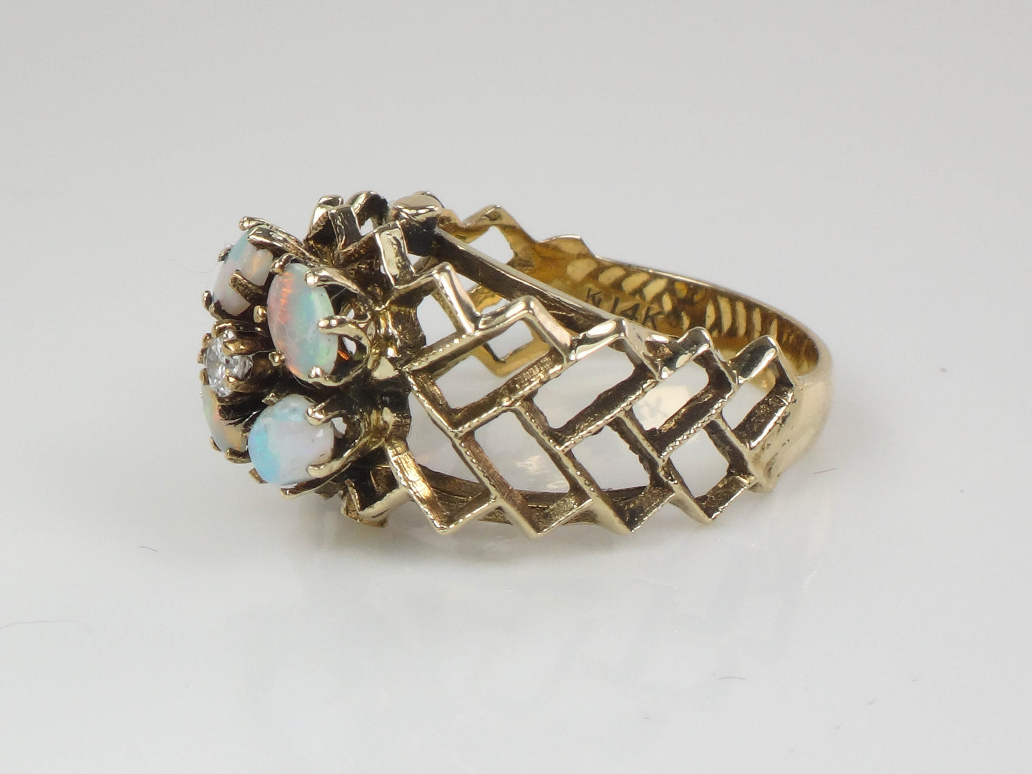 Vintage 14k Yellow Gold Natural Opals and Diamond Flower Ring, October Birthstone Ring, Size 7