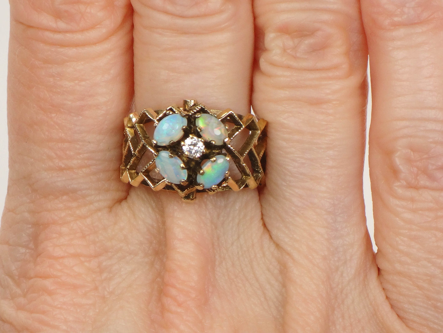 Vintage 14k Yellow Gold Natural Opals and Diamond Flower Ring, October Birthstone Ring, Size 7
