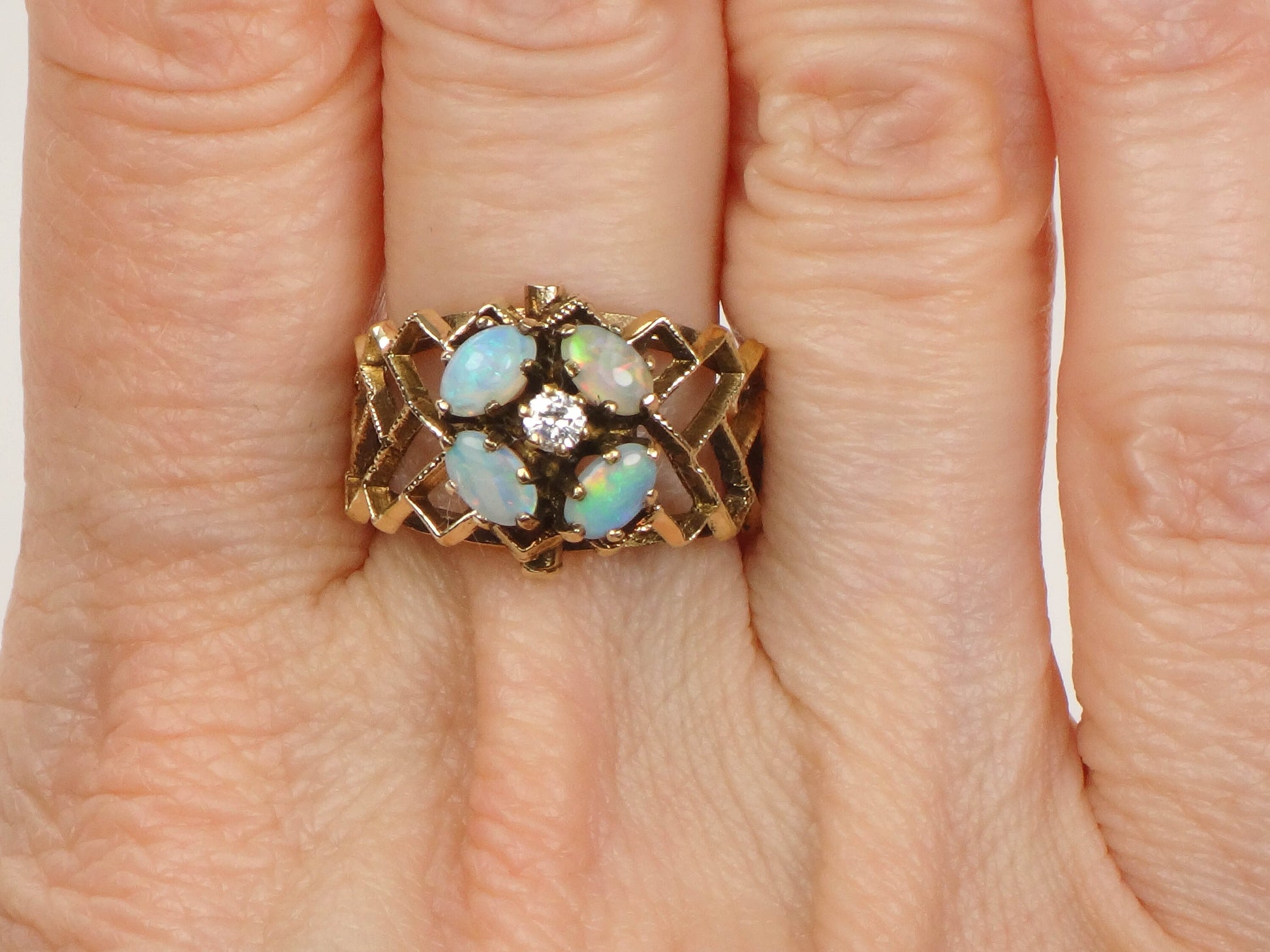 Vintage 14k Yellow Gold Opal Diamond Flower Ring - October Birthstone, Size 7