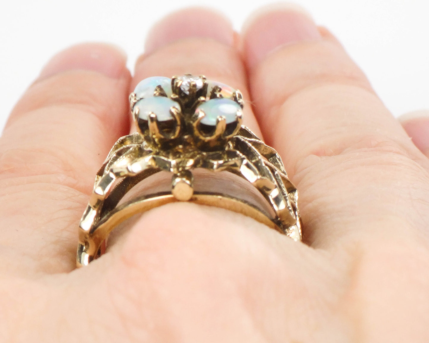 Vintage 14k Yellow Gold Natural Opals and Diamond Flower Ring, October Birthstone Ring, Size 7