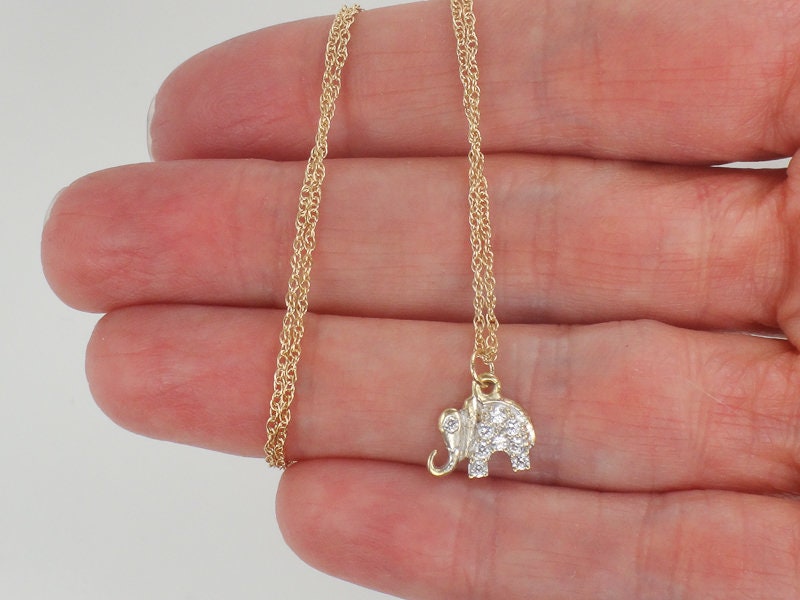 Vintage 14k Gold CZ Elephant Pendant Necklace, 10k Gold Chain