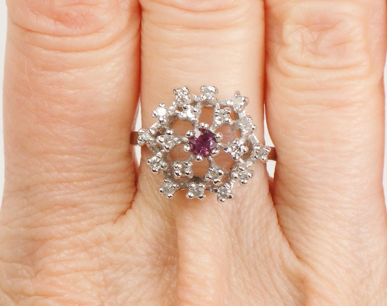 Ruby and Diamond Cluster Ring, 14k White Gold Natural Gemstone, Mid Century Modern Starburst Dome Cocktail, Size 6.25