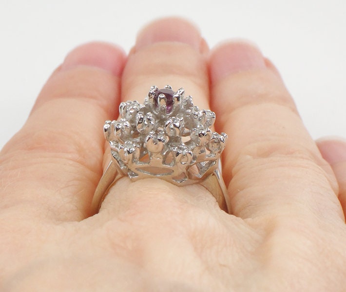Ruby and Diamond Cluster Ring, 14k White Gold Natural Gemstone, Mid Century Modern Starburst Dome Cocktail, Size 6.25