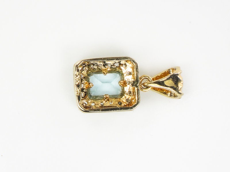 14k Light Blue Topaz and CZ Pendant - Vintage Yellow Gold Rectangle Cut March Birthstone - Fine Jewelry