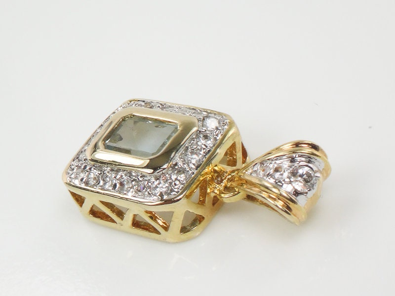 14k Light Blue Topaz and CZ Pendant - Vintage Yellow Gold Rectangle Cut March Birthstone - Fine Jewelry