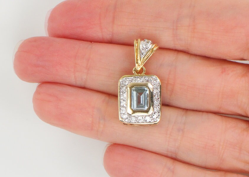 14k Light Blue Topaz and CZ Pendant - Vintage Yellow Gold Rectangle Cut March Birthstone - Fine Jewelry