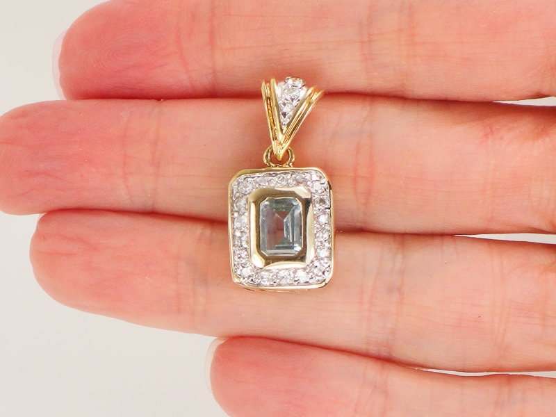 14k Light Blue Topaz and CZ Pendant - Vintage Yellow Gold Rectangle Cut March Birthstone - Fine Jewelry