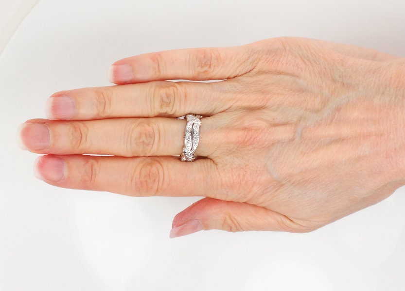 Diamond Eternity Ring, Vintage 14k White Gold Natural Stone Retro Wedding Band Size 7.25