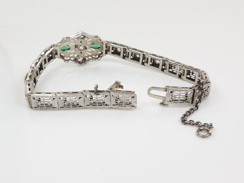 Vintage Art Deco 14k White Gold Filigree Diamond Bracelet with Emerald Green Glass Circa 1930's 6.5"
