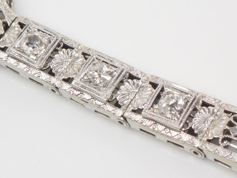 Vintage Art Deco 14k White Gold Diamond Filigree Bracelet with Emerald Glass (6.5")