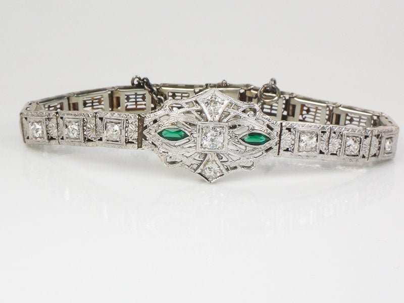 Vintage Art Deco 14k White Gold Filigree Diamond Bracelet with Emerald Green Glass Circa 1930's 6.5"