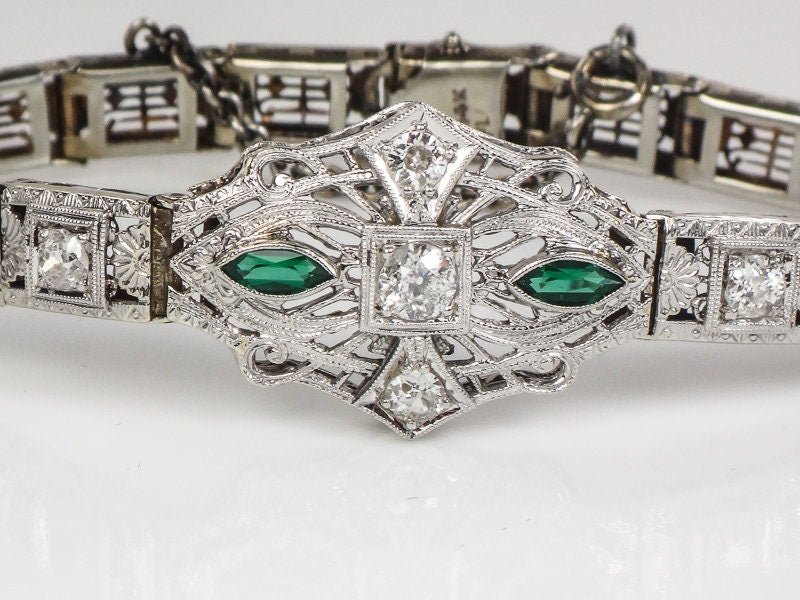 Vintage Art Deco 14k White Gold Diamond Filigree Bracelet with Emerald Glass (6.5")