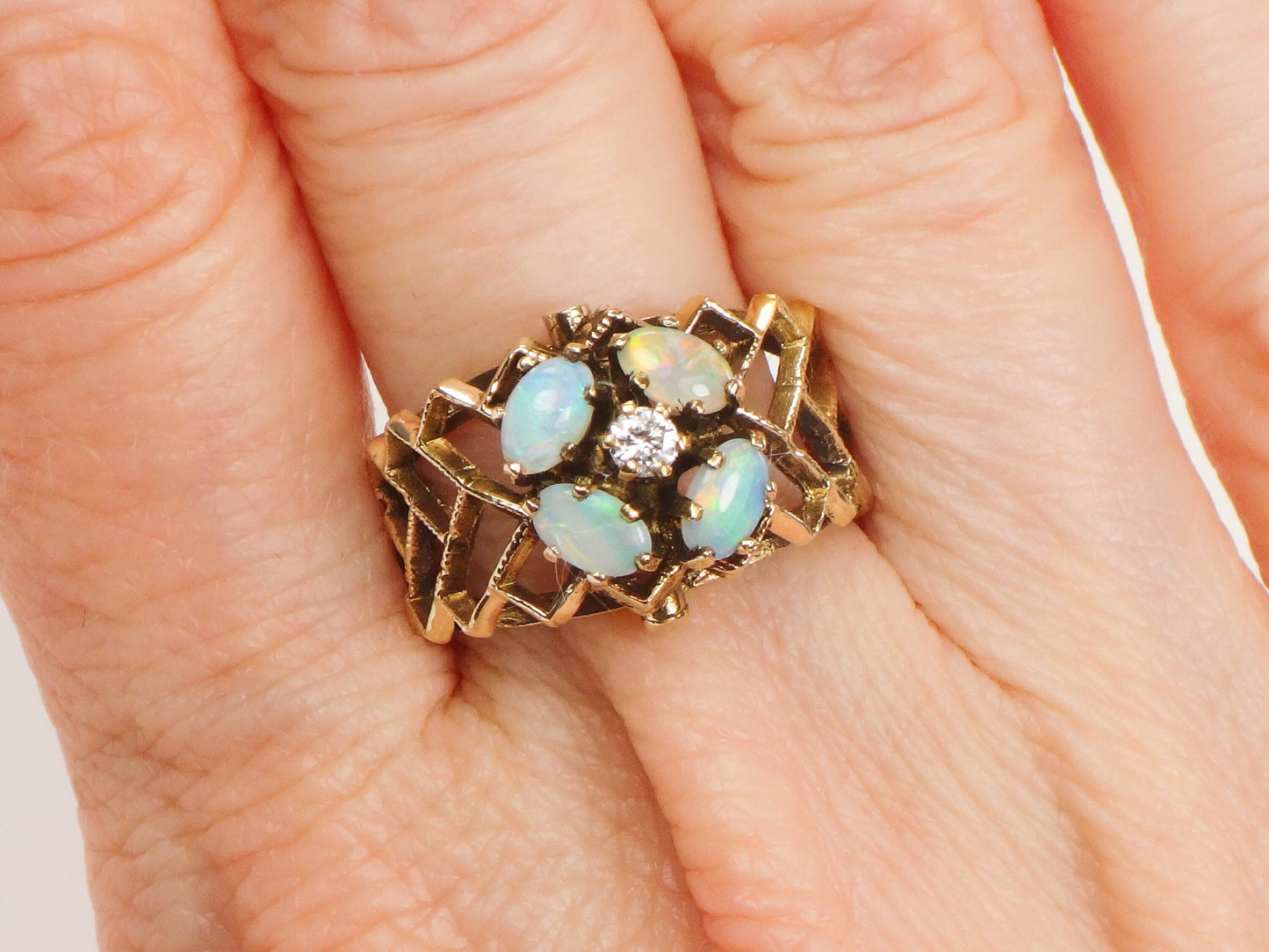 Vintage 14k Yellow Gold Natural Opals and Diamond Flower Ring, October Birthstone Ring, Size 7