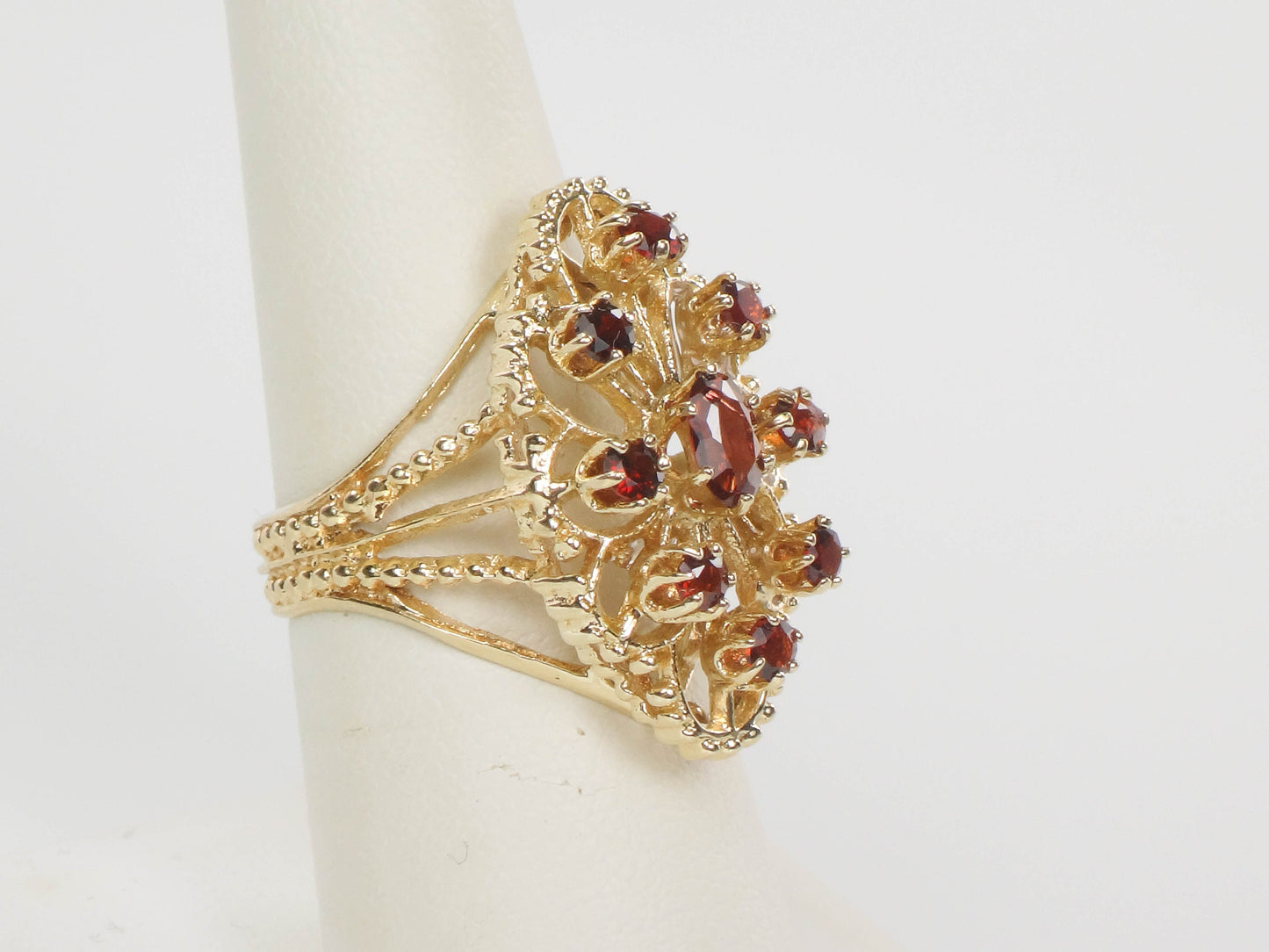 Vintage 14k Yellow Gold Large Garnet Cluster Ring - January Red Birthstone Ring - Size 7.25