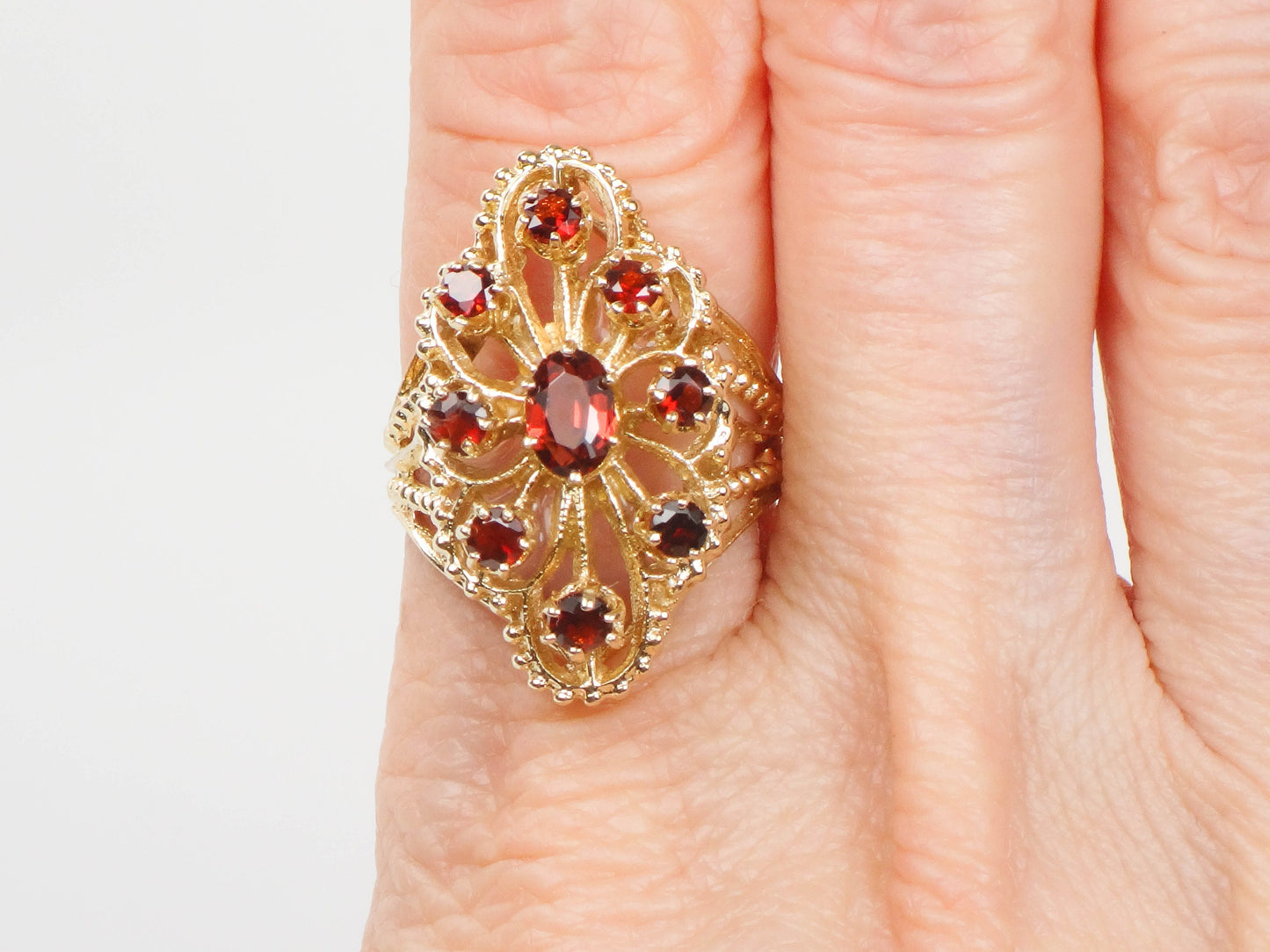 Vintage 14k Yellow Gold Large Garnet Cluster Ring - January Red Birthstone Ring - Size 7.25