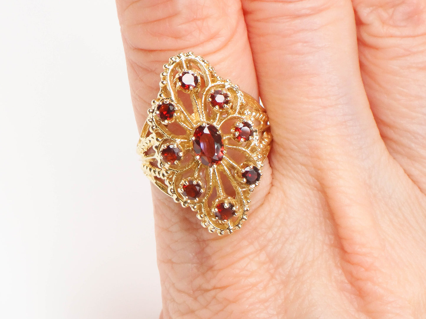 Vintage 14k Yellow Gold Large Garnet Cluster Ring - January Red Birthstone Ring - Size 7.25